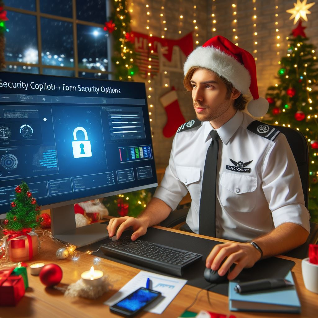 A security analyst dressed as a copilot in a christmas decorated office following up on security operations i Microsoft Security Copilot